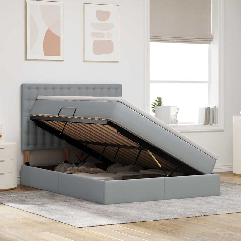 vidaXL Ágy tárolóval és LED lámpával Világosszürke 140 x 200 cm