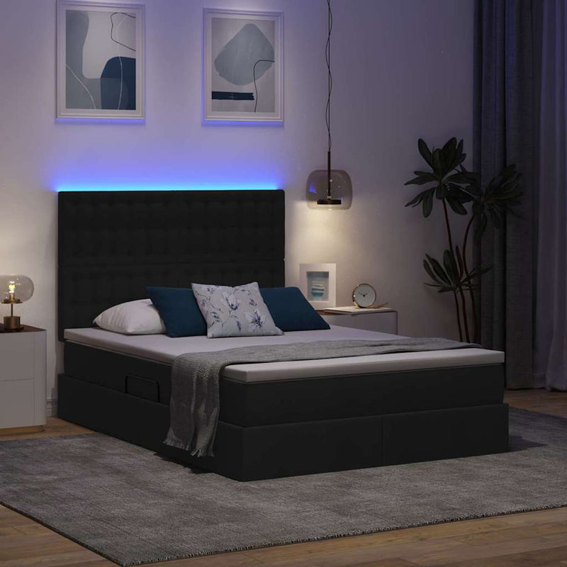 vidaXL Ágy tárolóval és LED lámpával Fekete 140 x 200 cm Poliészter