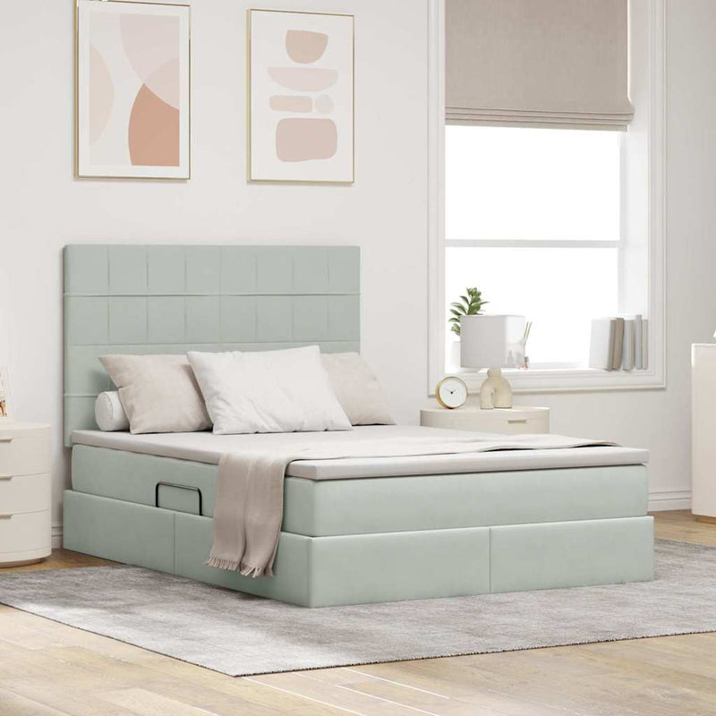 vidaXL Ágy tárolóval és LED lámpával Világosszürke 140 x 200 cm