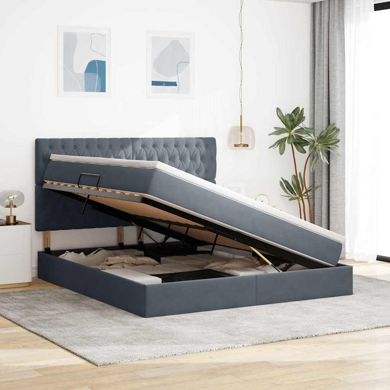 vidaXL Ágy tárolóval és LED lámpával Sötétszürke 180 x 200 cm Bársony