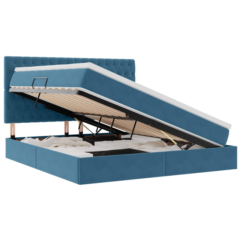 vidaXL Ágy tárolóval és LED lámpával Sötét kék 180 x 200 cm Bársony