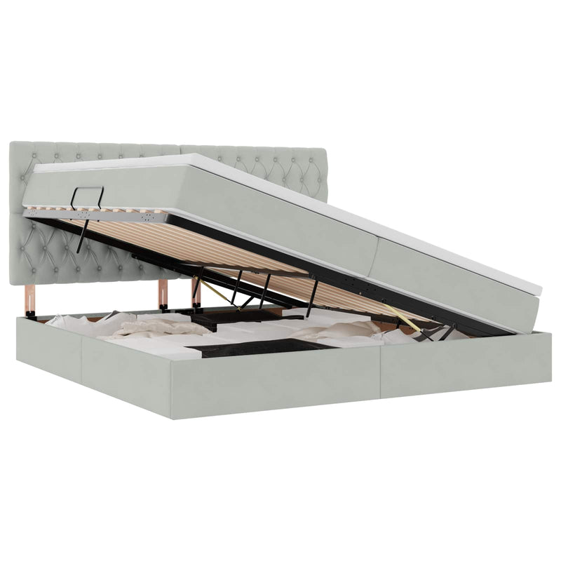 vidaXL Ágy tárolóval és LED lámpával Világosszürke 200 x 200 cm