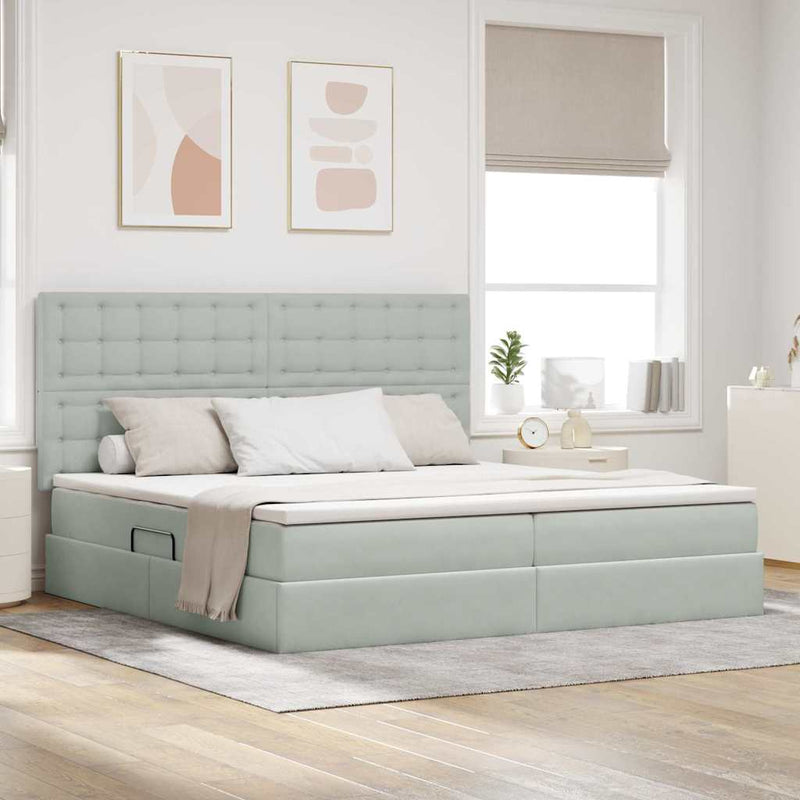 vidaXL Ágy tárolóval és LED lámpával Világosszürke 200 x 200 cm