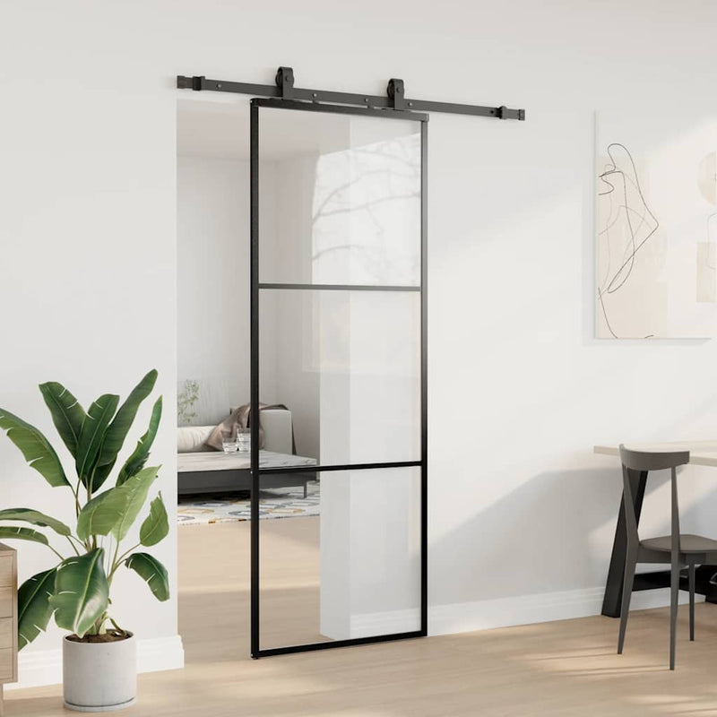 vidaXL fekete ESG üveg tolóajtó fémszerelvény-szettel 76x205 cm