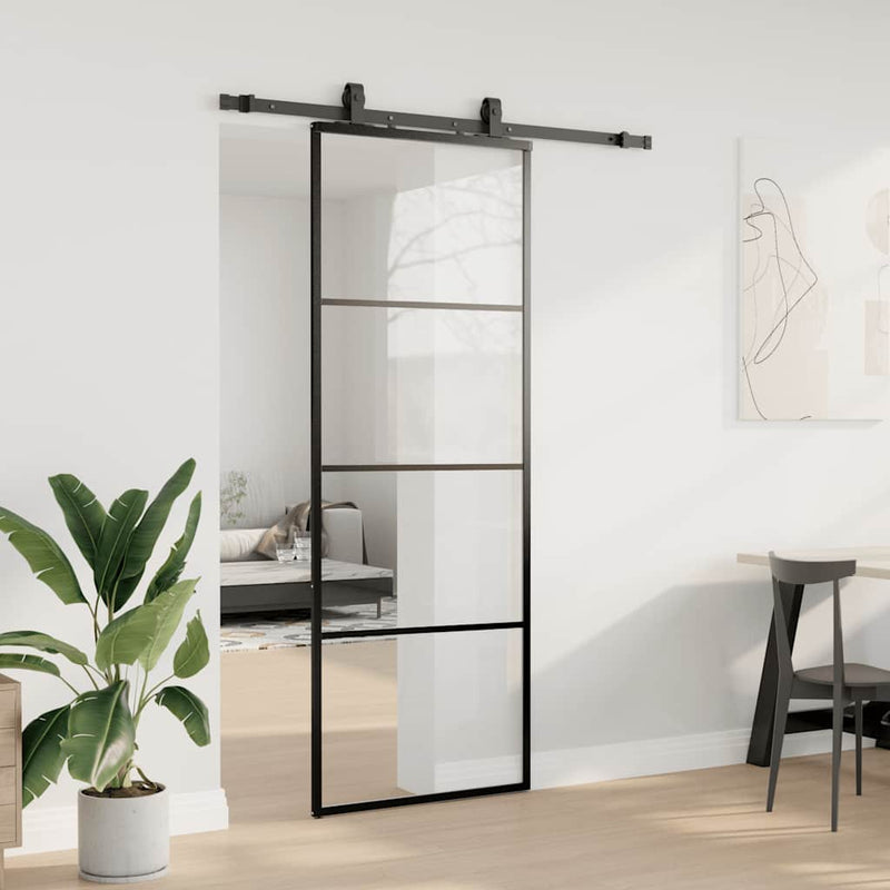 vidaXL fekete ESG üveg tolóajtó fémszerelvény-szettel 76x205 cm