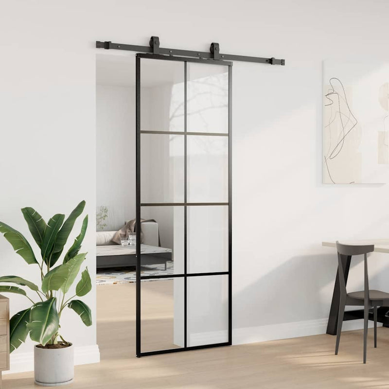 vidaXL fekete ESG üveg tolóajtó fémszerelvény-szettel 76x205 cm