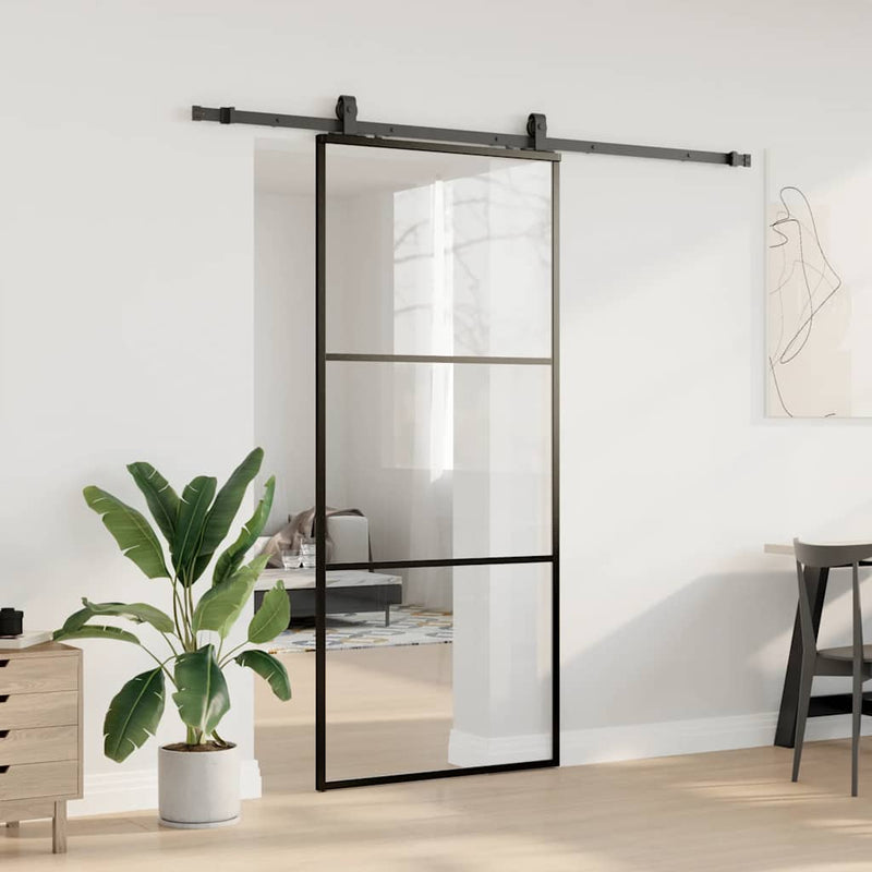 vidaXL fekete ESG üveg tolóajtó fémszerelvény-szettel 90x205 cm