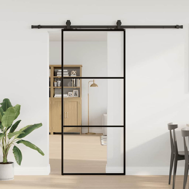 vidaXL fekete ESG üveg tolóajtó fémszerelvény-szettel 90x205 cm