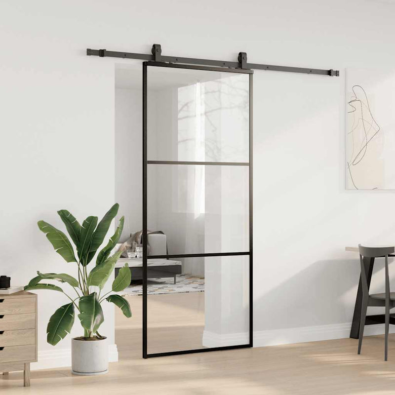 vidaXL fekete ESG üveg tolóajtó fémszerelvény-szettel 90x205 cm