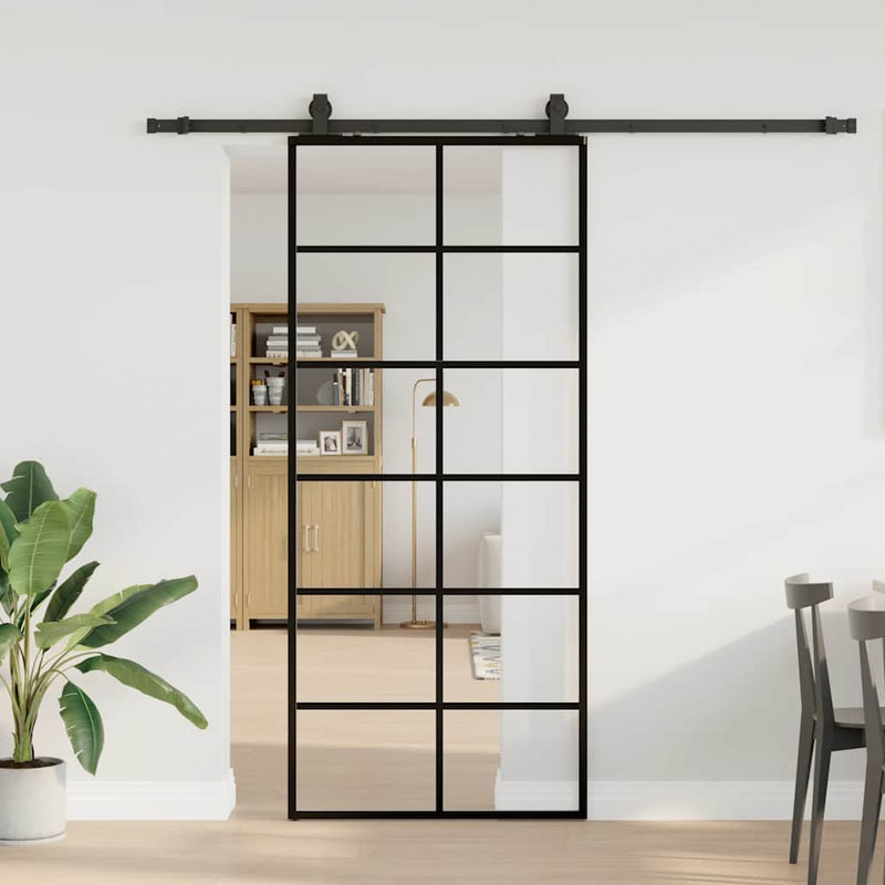 vidaXL fekete ESG üveg tolóajtó fémszerelvény-szettel 90x205 cm