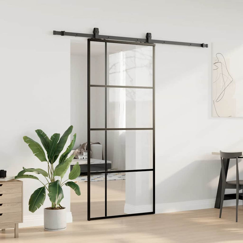 vidaXL fekete ESG üveg tolóajtó fémszerelvény-szettel 90x205 cm