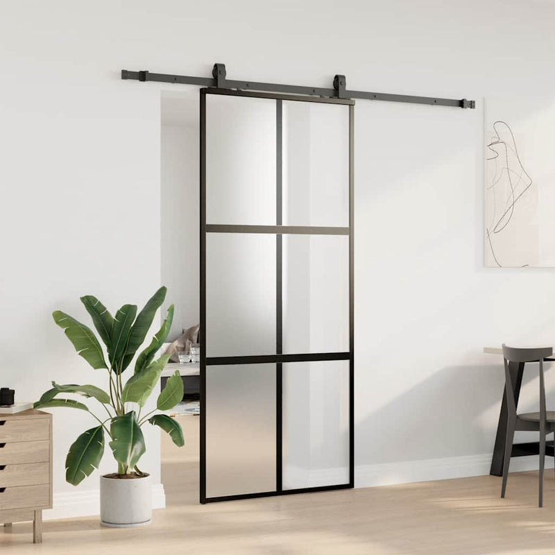 vidaXL fekete edzett üveg tolóajtó fémszerelék szettel 90x205 cm