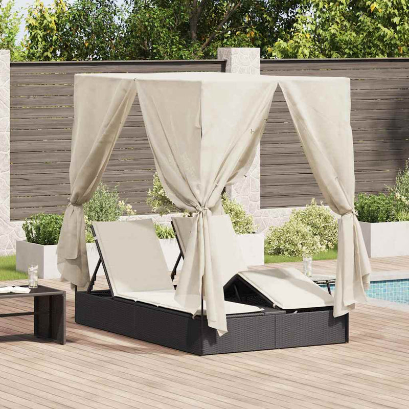 vidaXL Kettős Napozóágy Tetővel Fekete 205 x 129 x 200 cm PE rattan