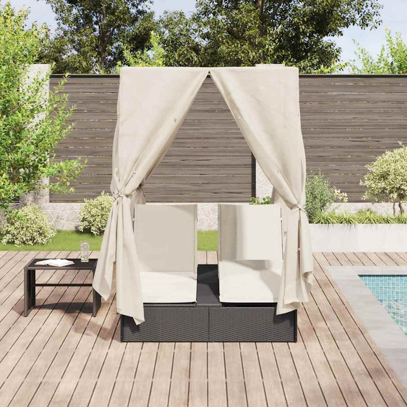 vidaXL Kettős Napozóágy Tetővel Fekete 205 x 129 x 200 cm PE rattan