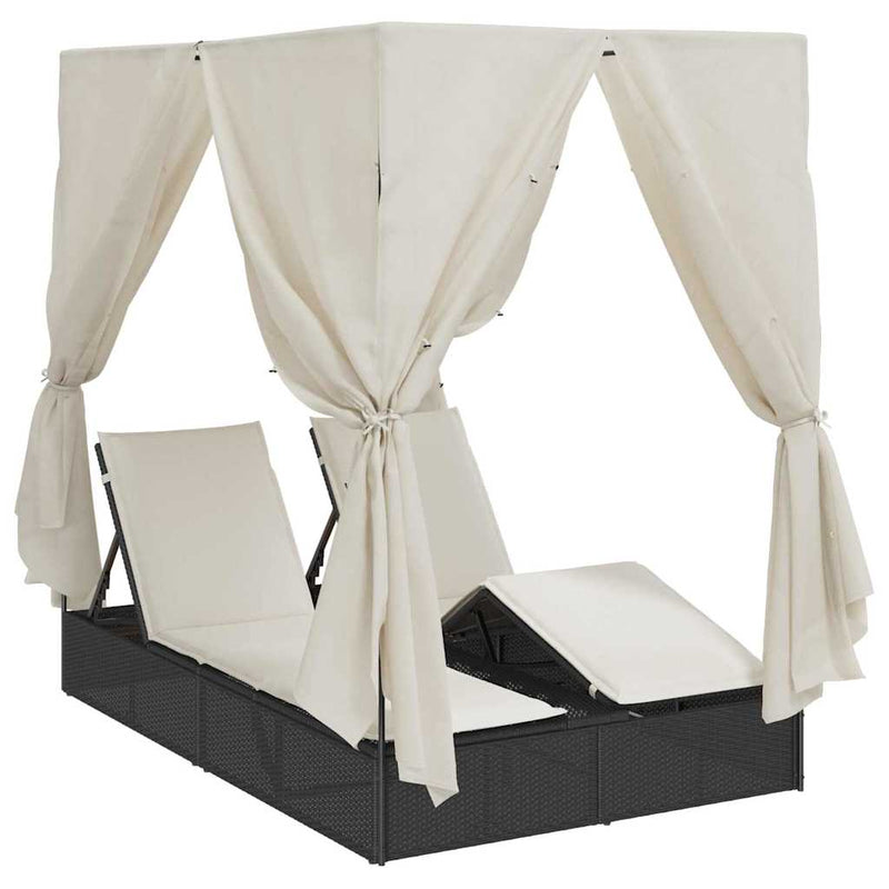 vidaXL Kettős Napozóágy Tetővel Fekete 205 x 129 x 200 cm PE rattan