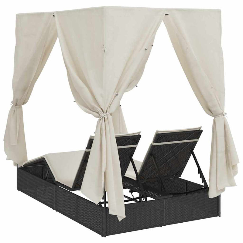 vidaXL Kettős Napozóágy Tetővel Fekete 205 x 129 x 200 cm PE rattan