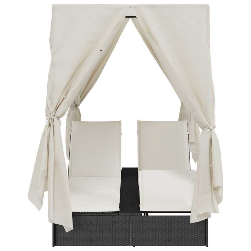 vidaXL Kettős Napozóágy Tetővel Fekete 205 x 129 x 200 cm PE rattan