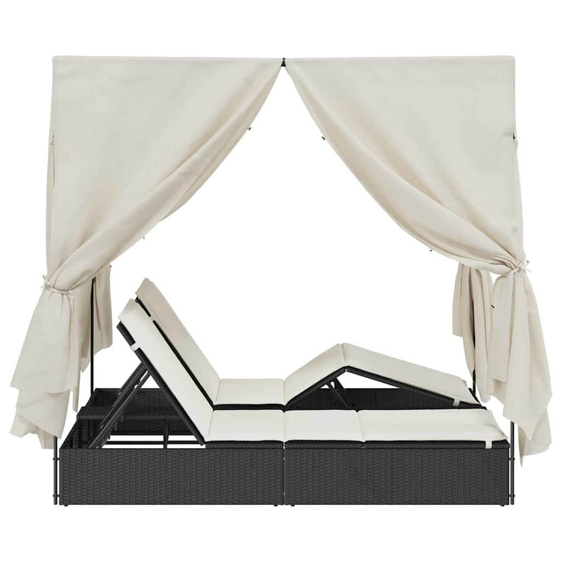 vidaXL Kettős Napozóágy Tetővel Fekete 205 x 129 x 200 cm PE rattan
