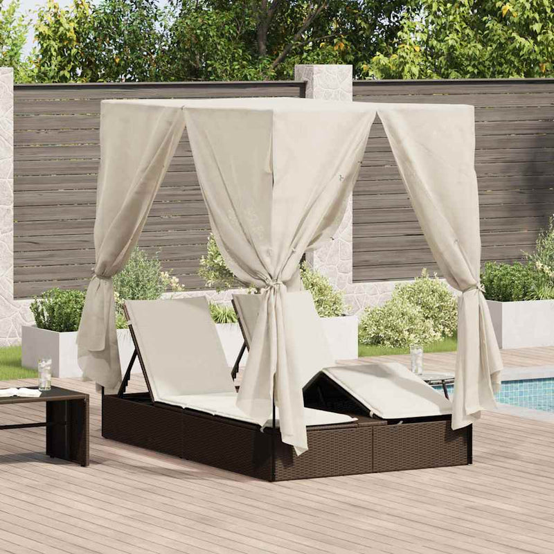 vidaXL Kettős Napozóágy Tetővel Barna 205 x 129 x 200 cm PE rattan
