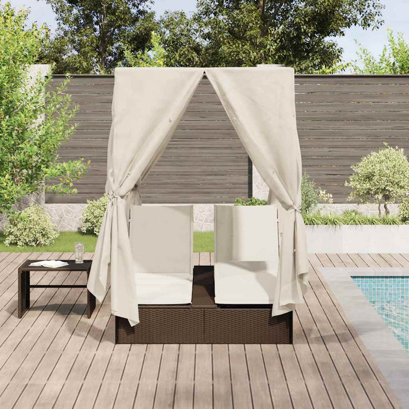 vidaXL Kettős Napozóágy Tetővel Barna 205 x 129 x 200 cm PE rattan