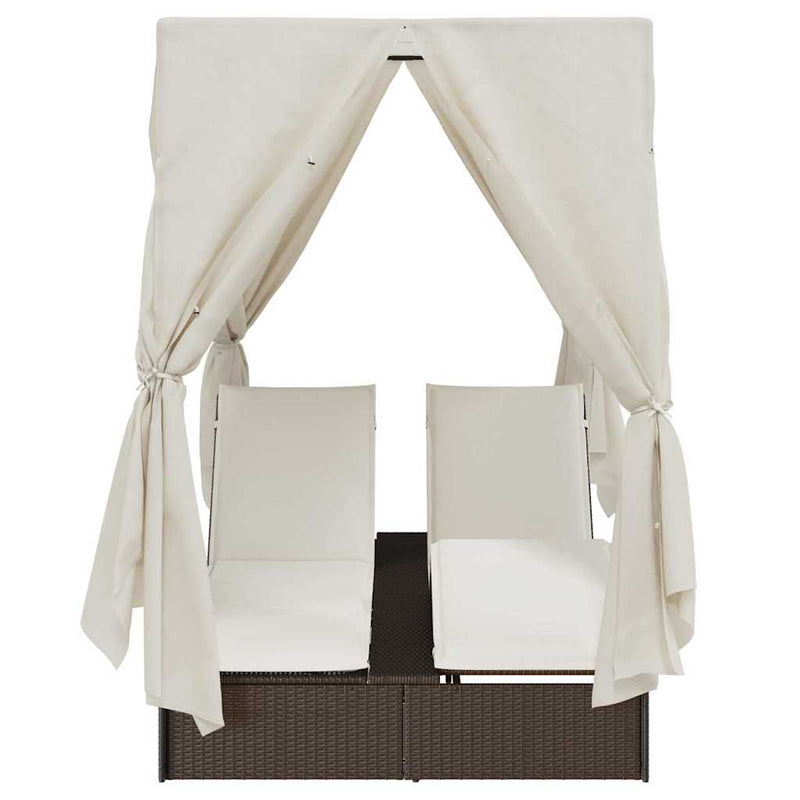 vidaXL Kettős Napozóágy Tetővel Barna 205 x 129 x 200 cm PE rattan