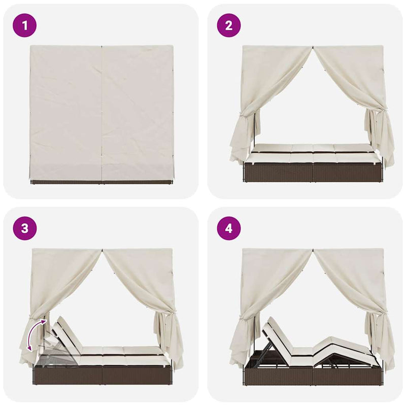 vidaXL Kettős Napozóágy Tetővel Barna 205 x 129 x 200 cm PE rattan