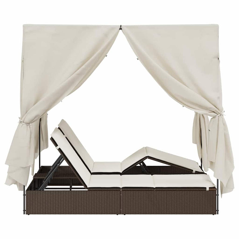 vidaXL Kettős Napozóágy Tetővel Barna 205 x 129 x 200 cm PE rattan
