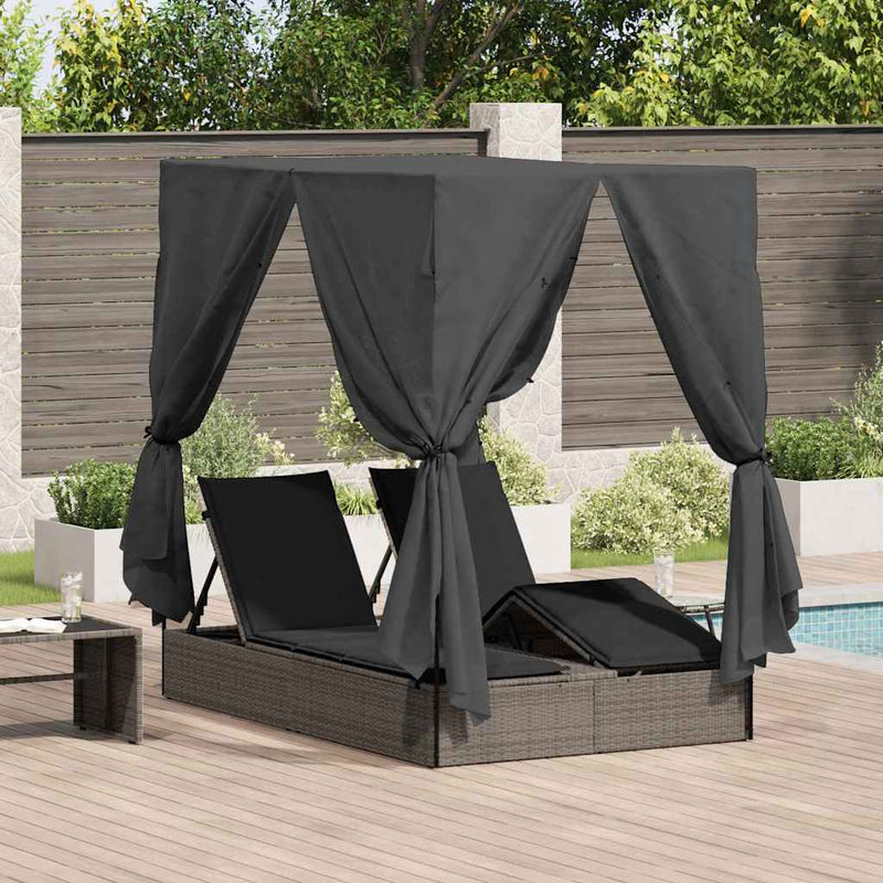 vidaXL Kettős Napozóágy Tetővel Szürke 205 x 129 x 200 cm PE rattan