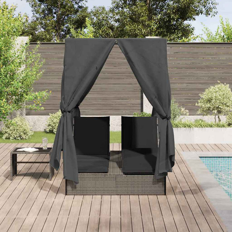 vidaXL Kettős Napozóágy Tetővel Szürke 205 x 129 x 200 cm PE rattan