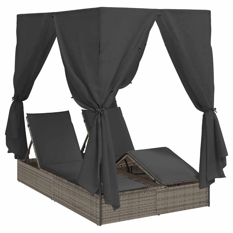 vidaXL Kettős Napozóágy Tetővel Szürke 205 x 129 x 200 cm PE rattan
