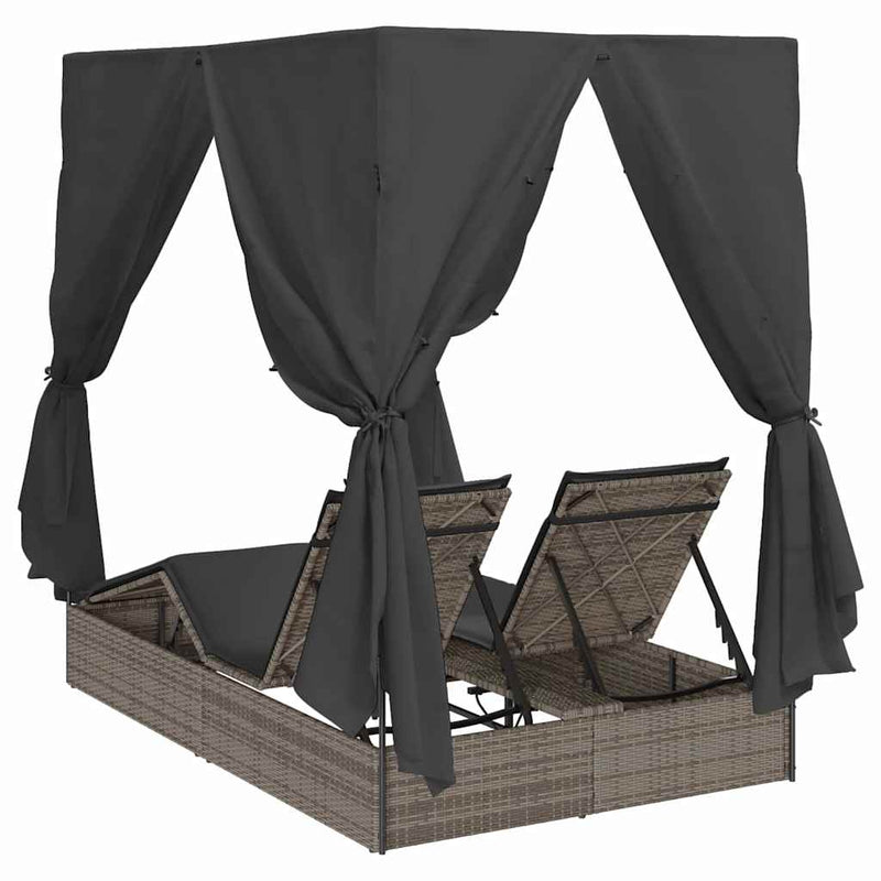 vidaXL Kettős Napozóágy Tetővel Szürke 205 x 129 x 200 cm PE rattan