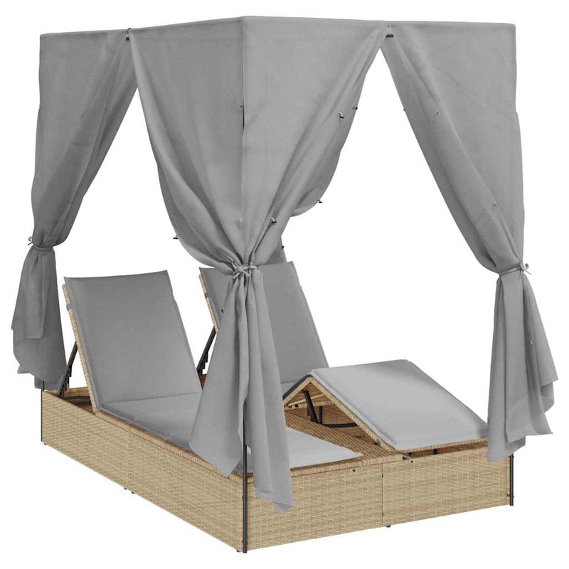 vidaXL Kettős Napozóágy Tetővel Bézs 205 x 129 x 200 cm PE rattan