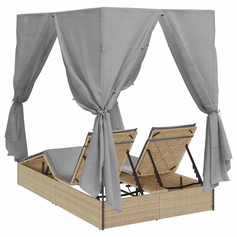 vidaXL Kettős Napozóágy Tetővel Bézs 205 x 129 x 200 cm PE rattan