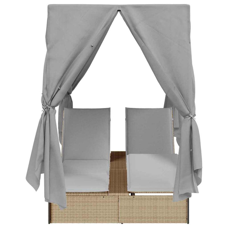vidaXL Kettős Napozóágy Tetővel Bézs 205 x 129 x 200 cm PE rattan
