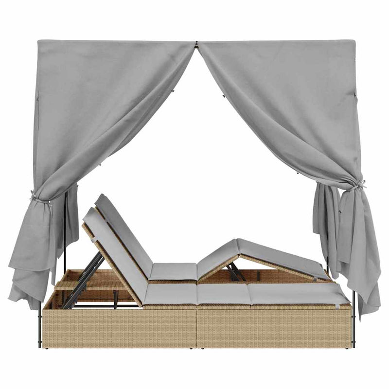 vidaXL Kettős Napozóágy Tetővel Bézs 205 x 129 x 200 cm PE rattan