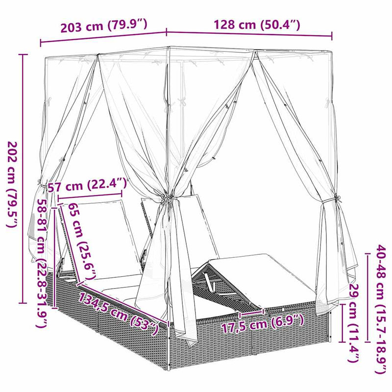 vidaXL Kettős Napozóágy Tetővel Bézs 205 x 129 x 200 cm PE rattan