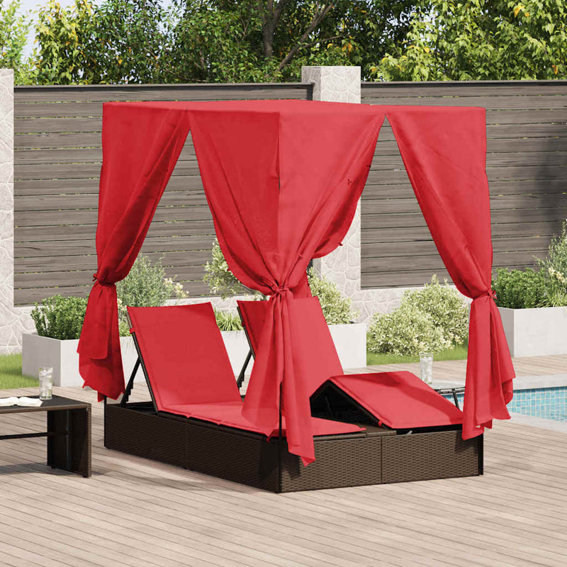 vidaXL Kettős Napozóágy Tetővel Barna 205 x 129 x 200 cm PE rattan