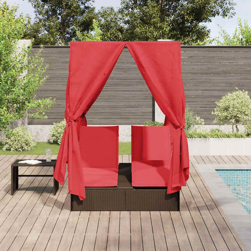 vidaXL Kettős Napozóágy Tetővel Barna 205 x 129 x 200 cm PE rattan