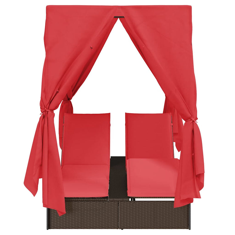 vidaXL Kettős Napozóágy Tetővel Barna 205 x 129 x 200 cm PE rattan