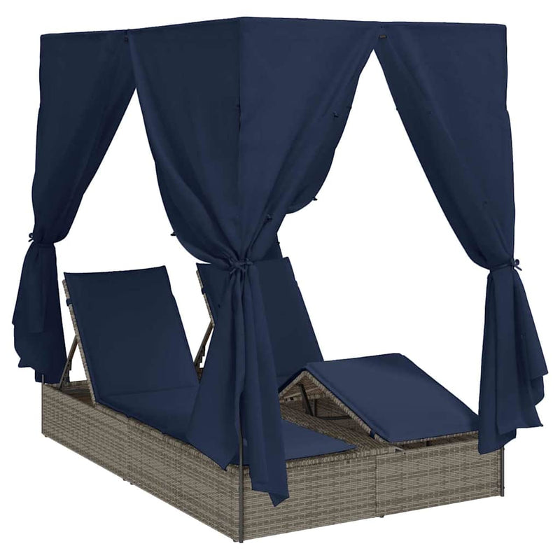 vidaXL Kettős Napozóágy Tetővel Szürke 205 x 129 x 200 cm PE rattan