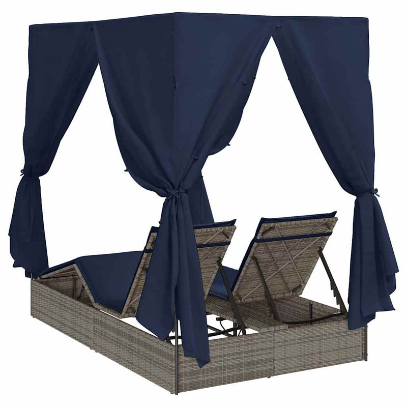 vidaXL Kettős Napozóágy Tetővel Szürke 205 x 129 x 200 cm PE rattan