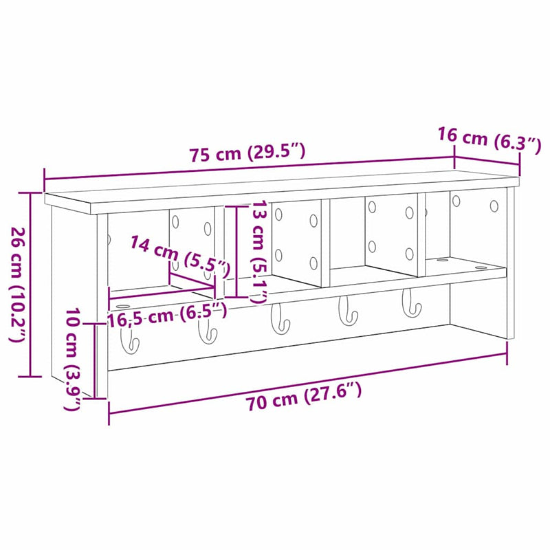 vidaXL Fali Kabáthorog polcokkal Musta tammi 75 x 16 x 26 cm Faanyag