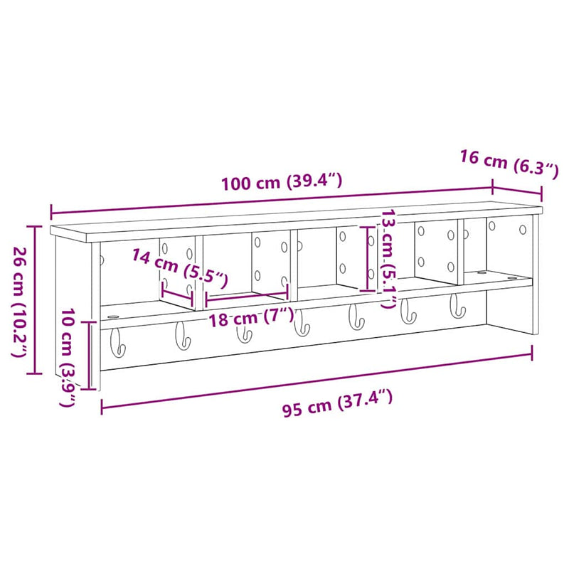 vidaXL Fali Kabáthorog polcokkal Beton szürke 100 x 16 x 26 cm Faanyag