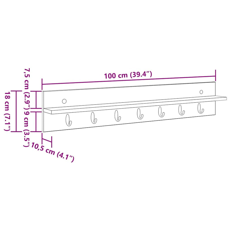 vidaXL Fali Kabáthorog polcokkal Fehér 100 x 10.5 x 18 cm Faanyag