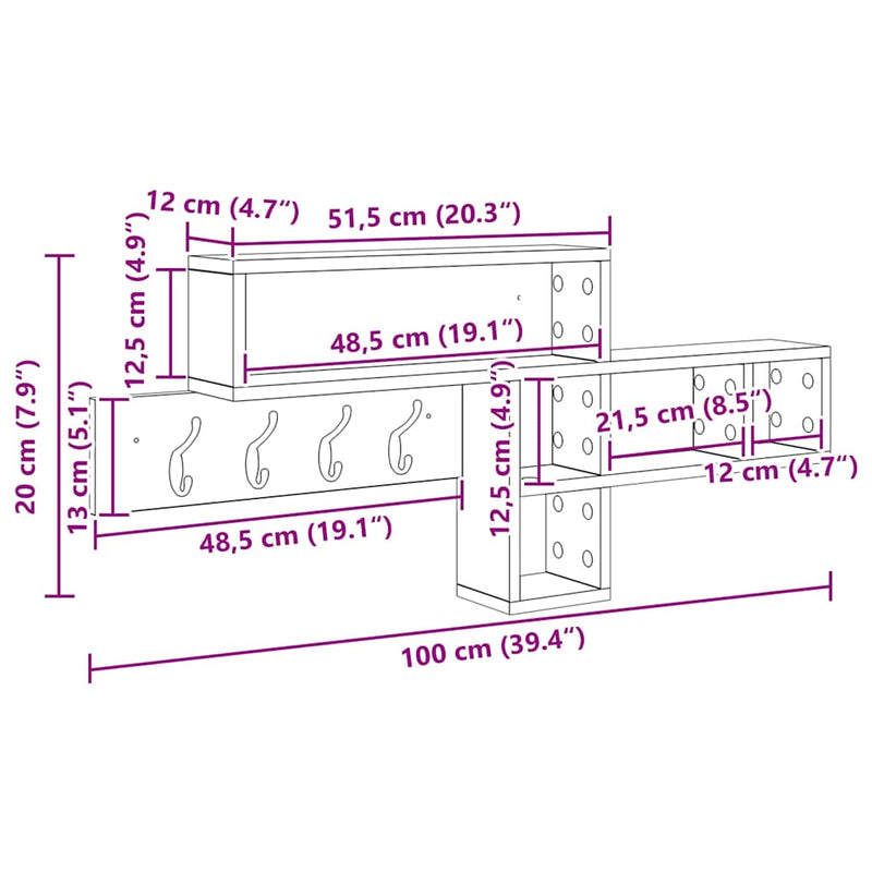 vidaXL Fali Kabáthorog Szürke sonoma 100 x 12 x 43.5 cm Faanyag