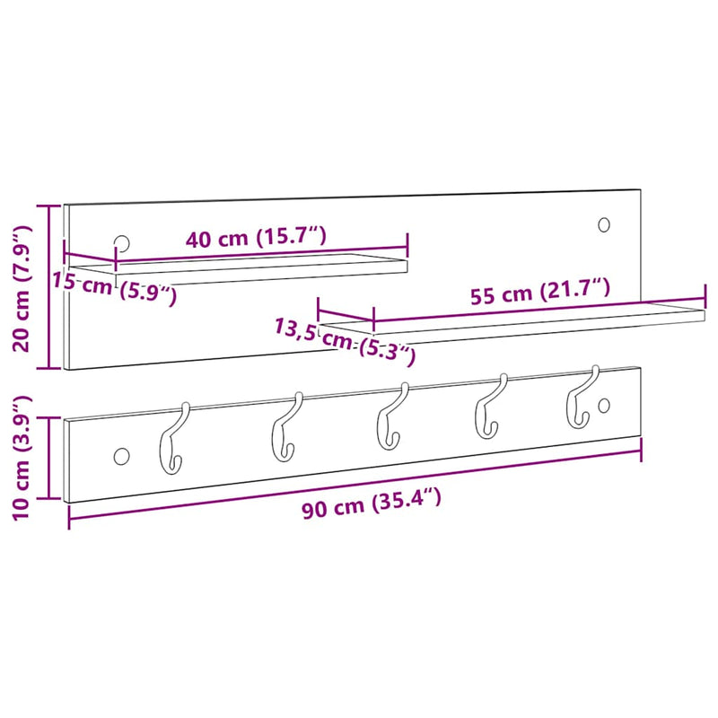 vidaXL Fali Kabáthorog polcokkal Beton szürke 90 x 15 x 36 cm Faanyag