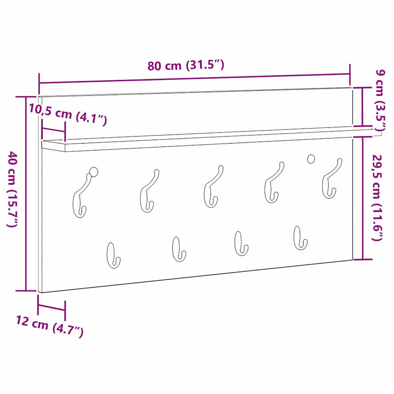 vidaXL Fali Kabáthorog polcokkal Fehér 80 x 40 x 12 cm Faanyag