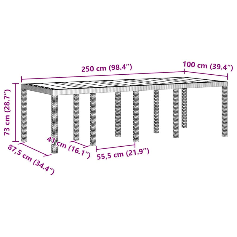 vidaXL Kerti Asztal Világosszürke 250 x 100 x 73 cm polirattan