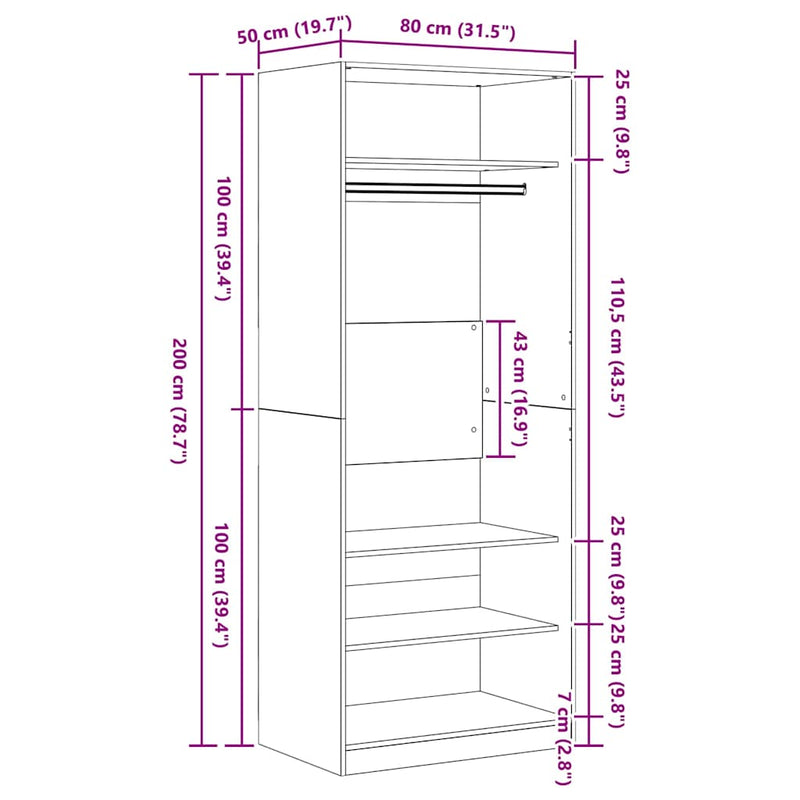 vidaXL Ruhásszekrény polcokkal Fekete tölgy 80 x 50 x 200 cm Faanyag