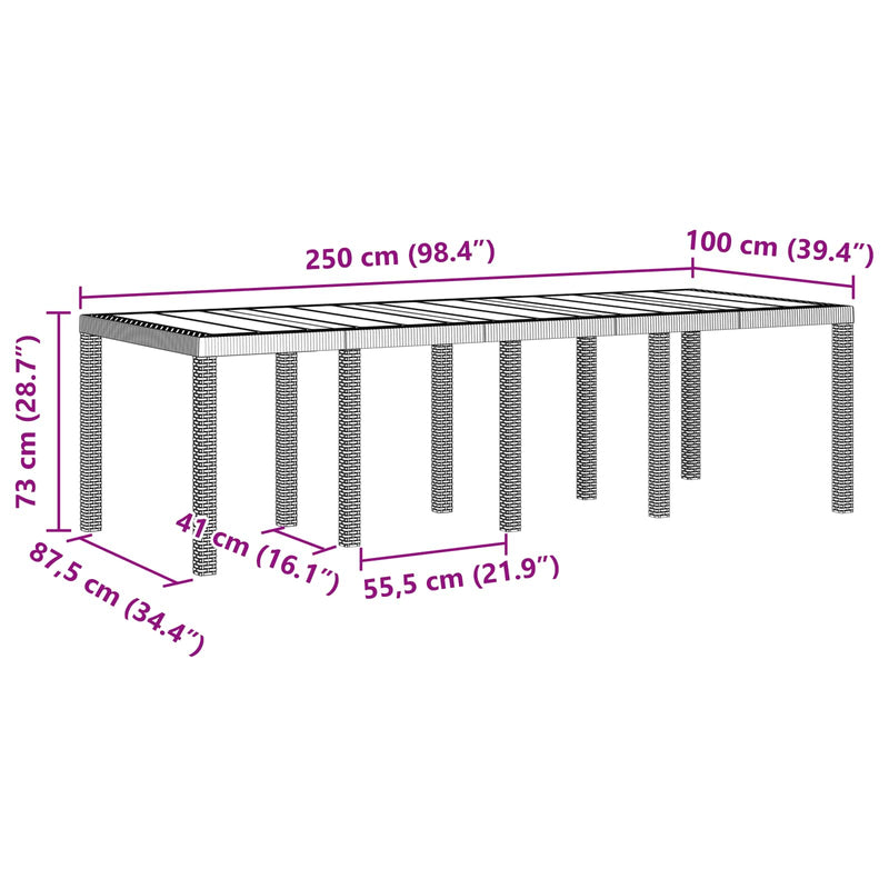 vidaXL Kerti Étkezőasztal Antracit 250 x 100 x 73 cm polirattan